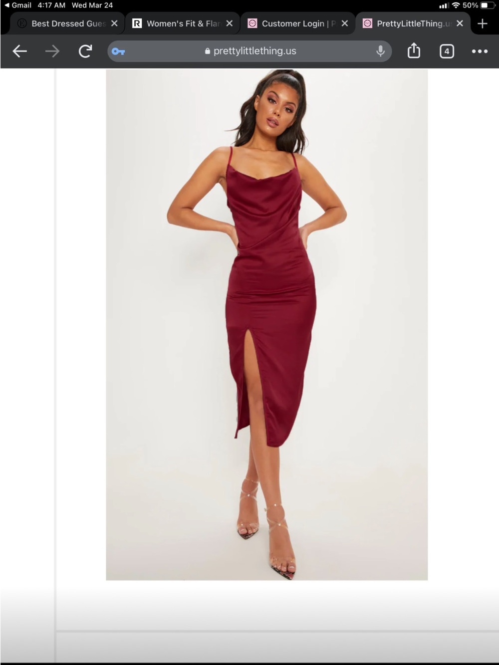 PrettyLittleThing Wine Red Satin Cowl Neck Midi Dress with Front Slit